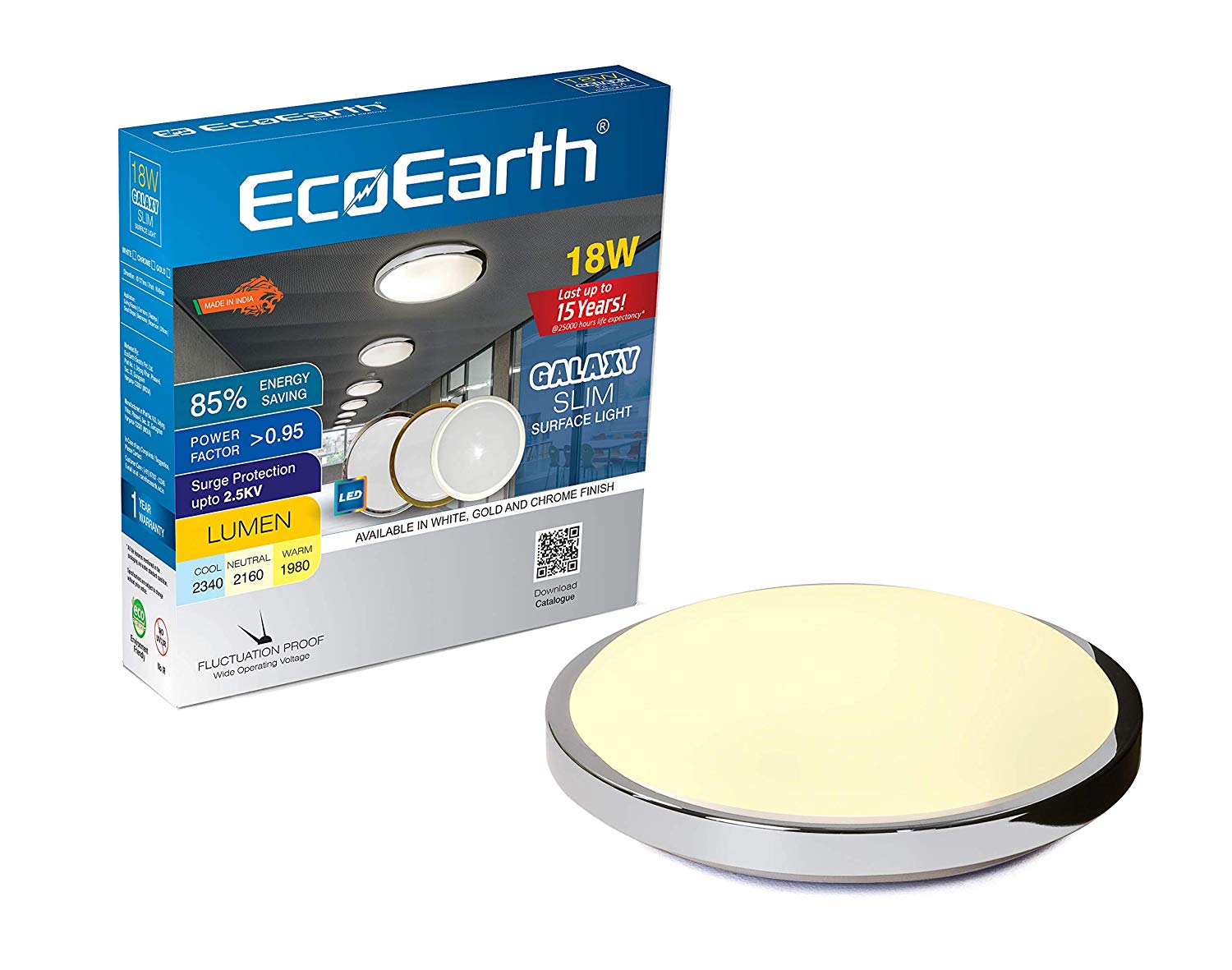 Eco Earth Galaxy 18walt slim round LED surface light warm white golden body chrome pack of 1