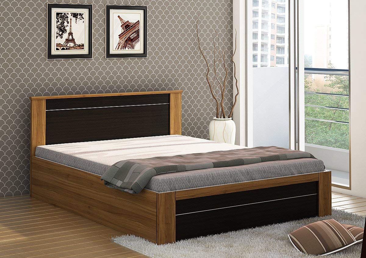 Spacewood Rio Queen Size Engineered Wood Bed with Box Storage (Woodpore Finish, Natural Teak)