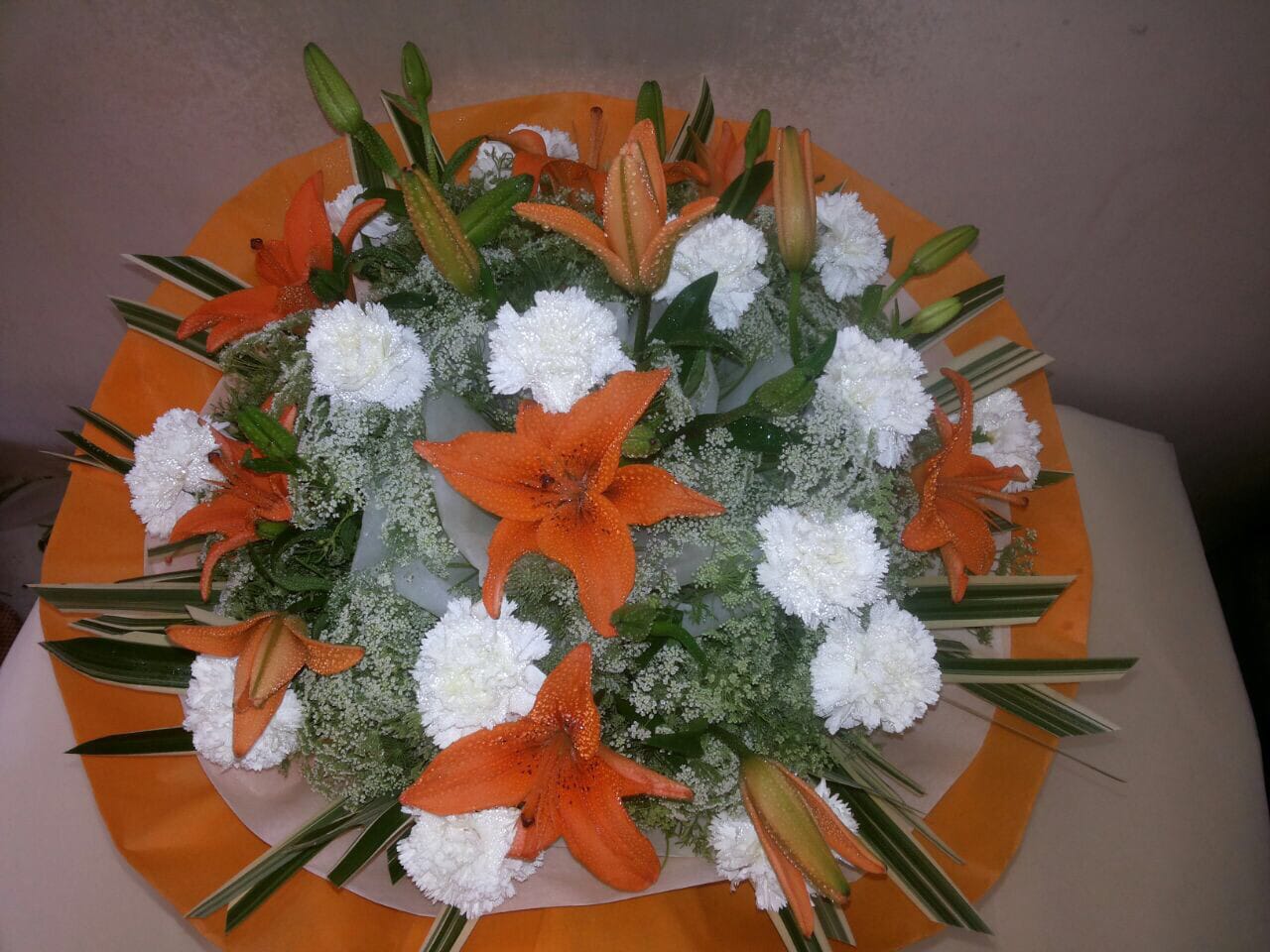 Orange Lilly & White Caranation Bouquet