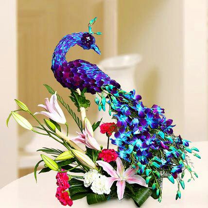 Peacock with Orchids