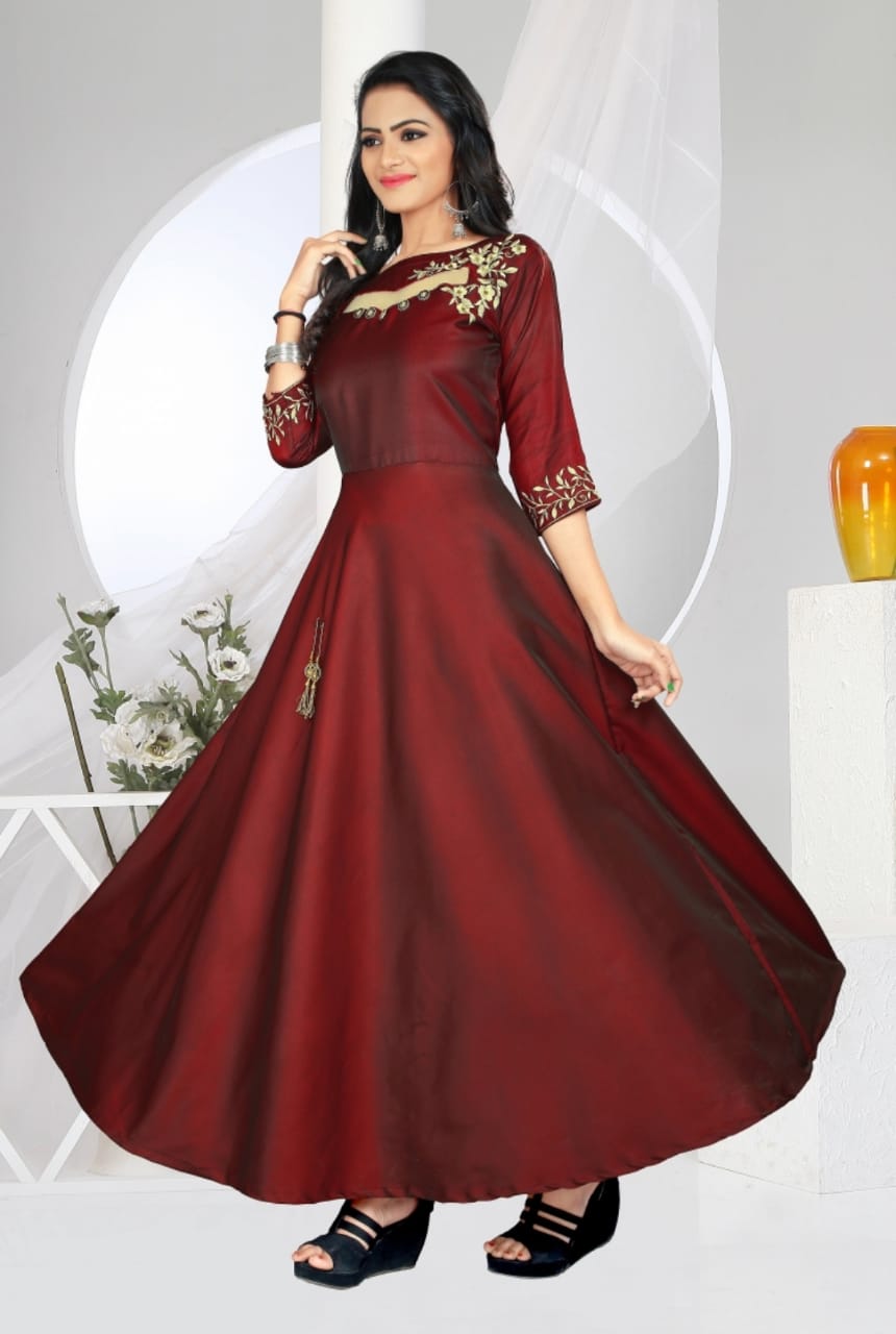 Maroon Embroidered Satin Party Wear Gown