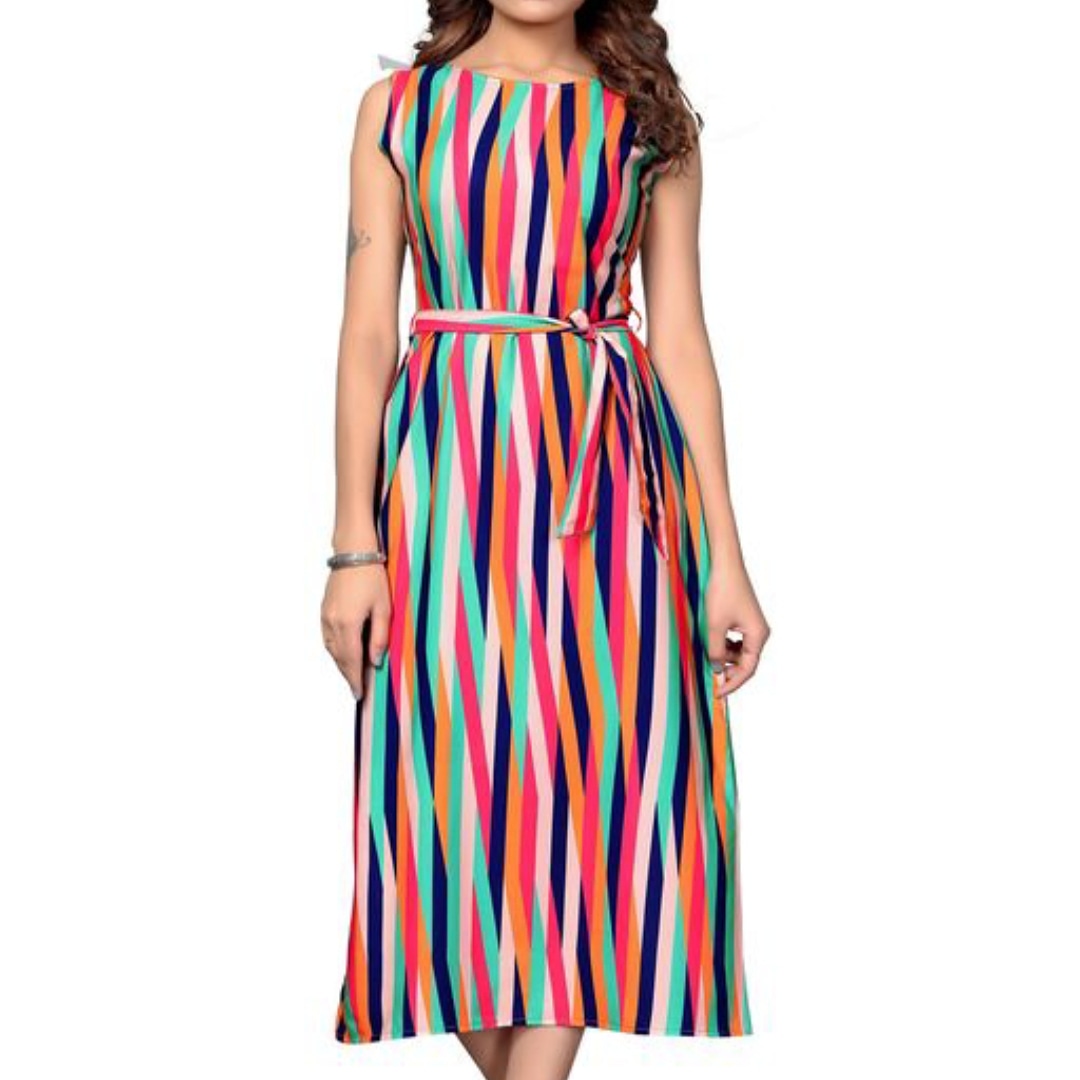 Printed Light Multicolour Calf-Length Crepe Dress