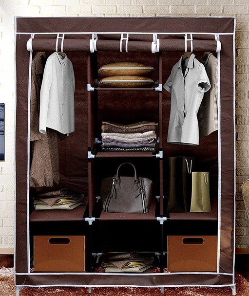 Fancy and Portable Foldable Almirah Wardrobe with 6 Cabinet and 2 Long Shelves Clothes Organizer(Brown)