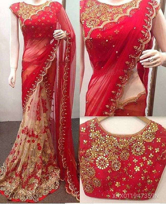 Women's and Girls Georgette and Net Embroidered Half and Half Saree With Embroidered Blouse