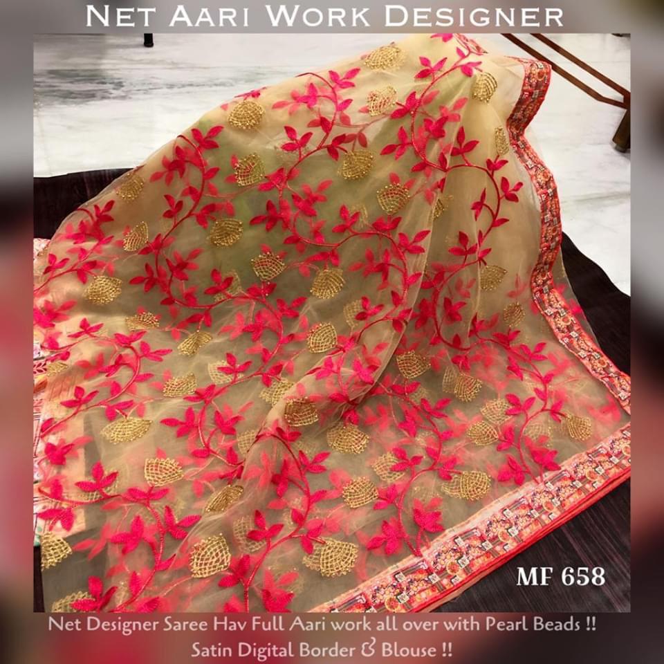 Net Aari Work Designer Saree.
