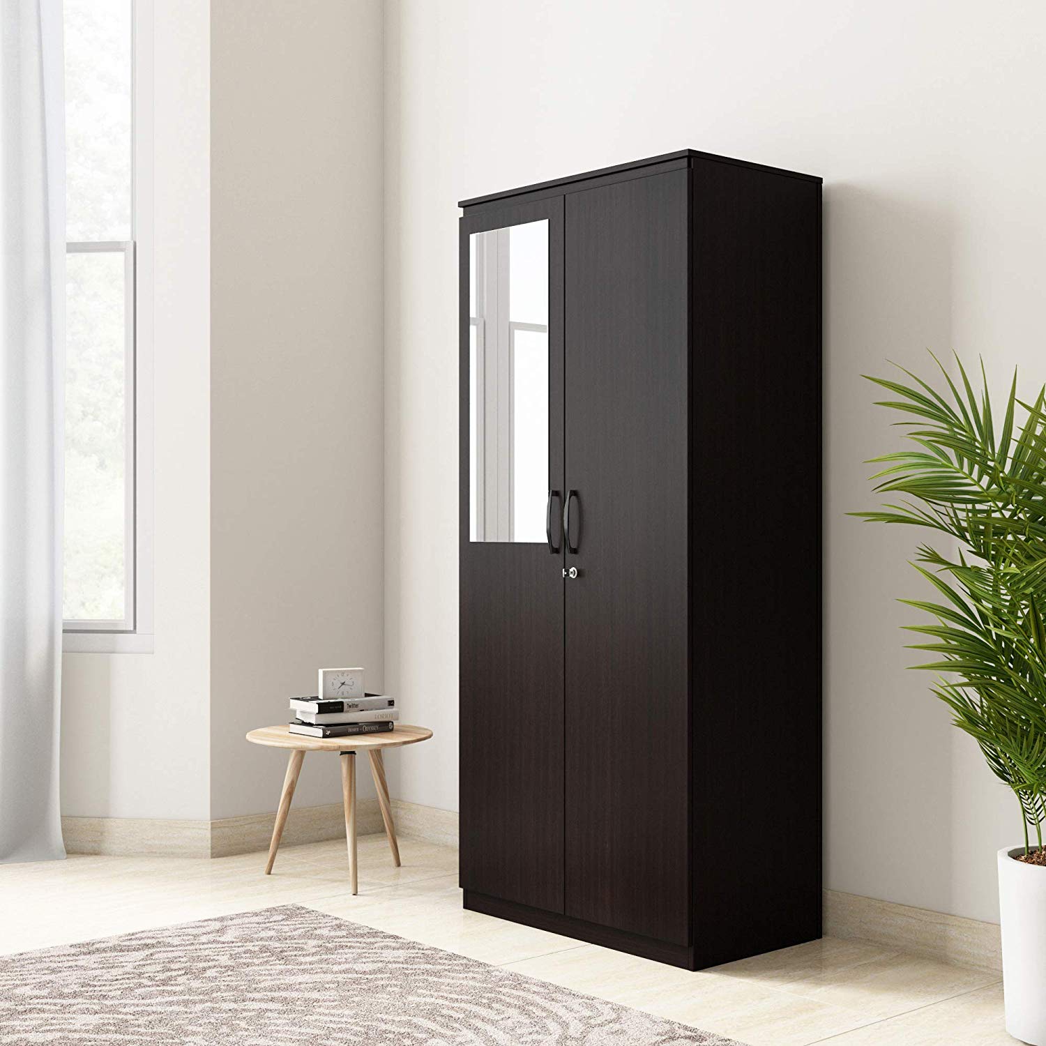 Solimo Vega Engineered Wood 2 Door Wardrobe with Drawer & Half Mirror (Espresso Finish)