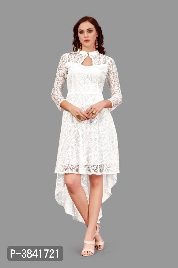 Women's Beautiful White Net Cotton Dress