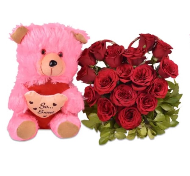 Red Roses in Heart Shape & Pink Teddy Bear Combo